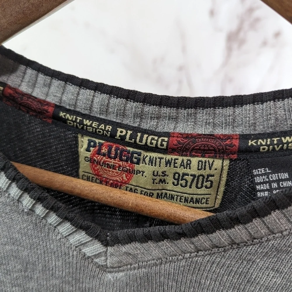 Plugg Sweater Mens Large Gray Vintage 90s Y2K Long Sleeve Pullover Grunge V Neck